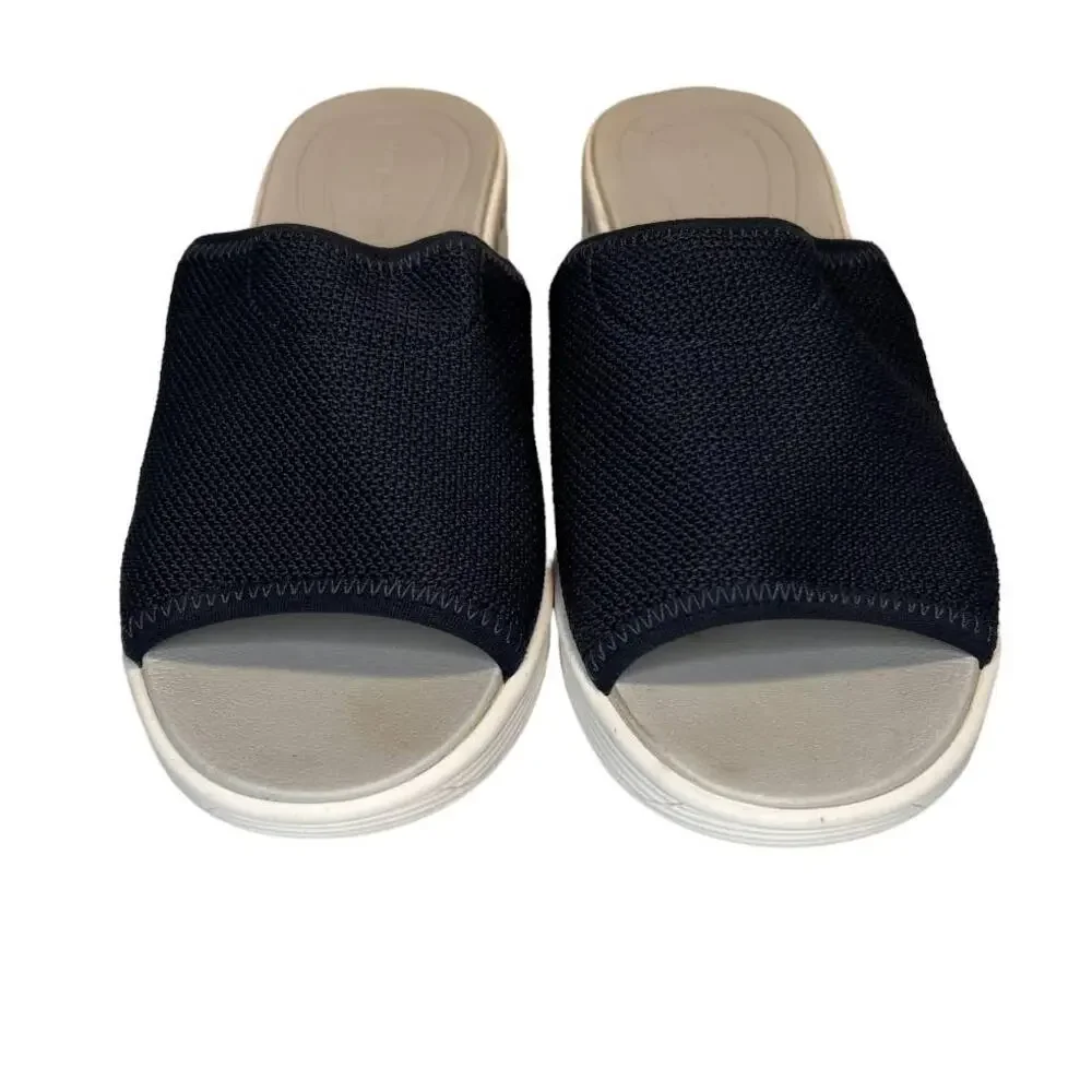 Easy Spirit peep-toe Wedge Sandal, Slip on, Navy Blue Fabric, Women's 8.5m